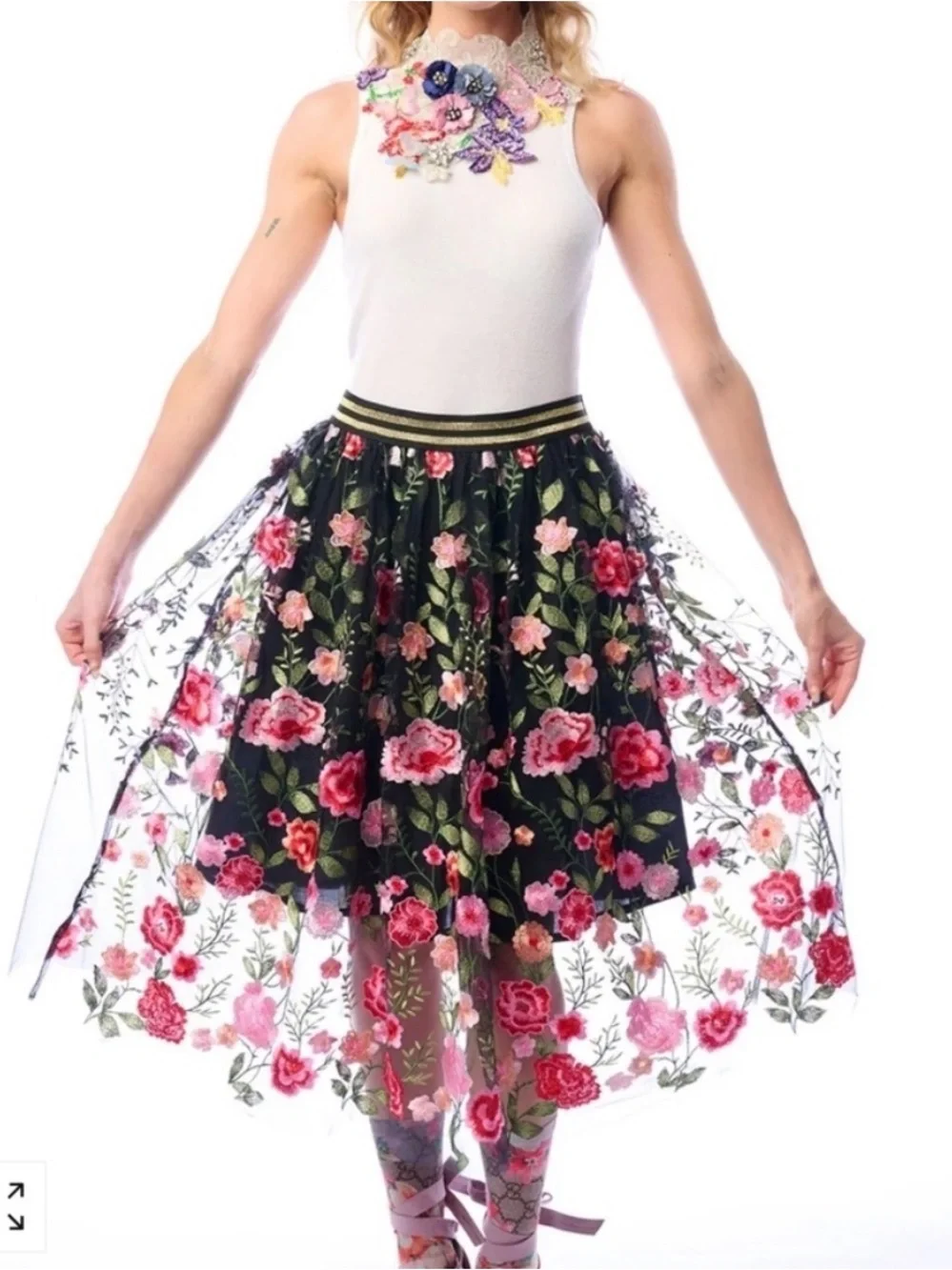Aratta XL Dark Rose Embroidered Skirt Floral Midi Black Skirt S-2